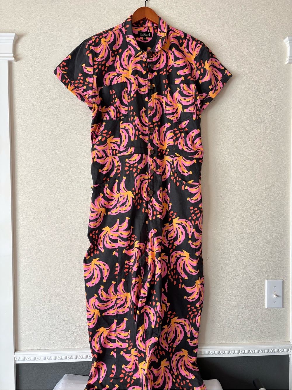 Mixed by Nasrin Banana Tropical Print Black Cotton Jumpsuit Size XXXL